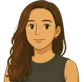 A cartoon representation of a woman {me} with long brown hair and a black top