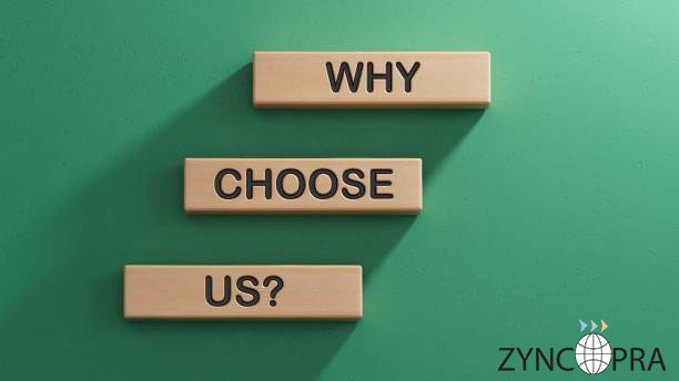 Wooden blocks spelling out ‘Why Choose Us?’ with Zyncopra logo, highlighting business trust.