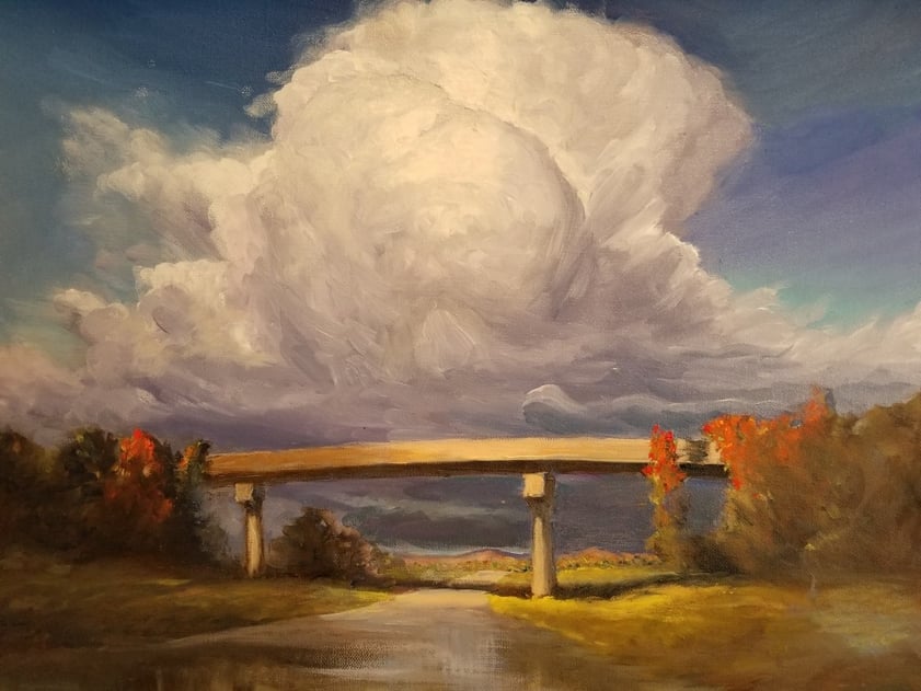 bridge, cloud, oil on canvas painting