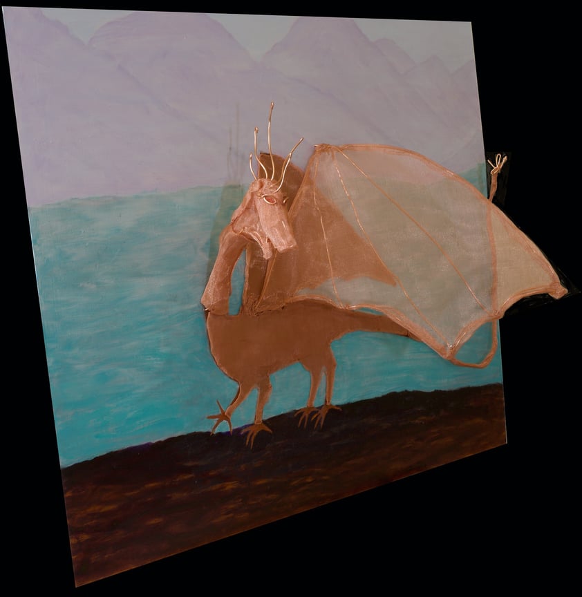Partial 3D image of dragon emerging from a landscape painted on a panel