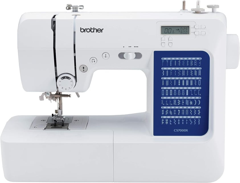 a sewing machine with a blue and white background