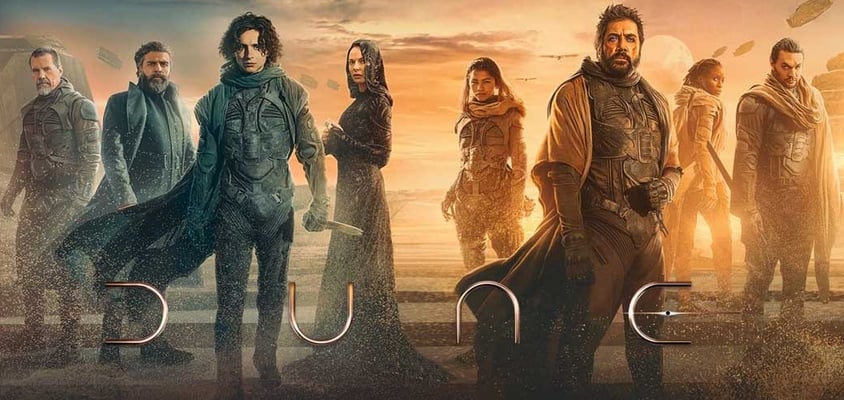affiche de Dune première partie avec Léto et Paul Atréides, Stilgar, Dame Jessica, Zendaya