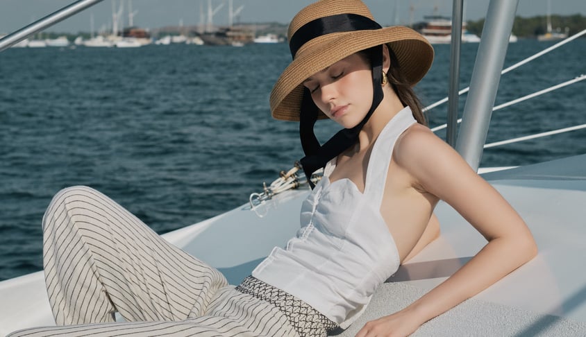 Woman in a hat on a boat wearing LOULOU, photographed by Bali fashion photographer Theodorous Yuvens