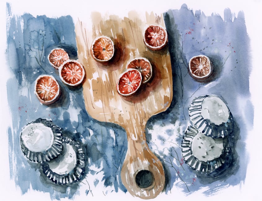 watercolour painting still life with cool and warm pops of colour and beautiful detail