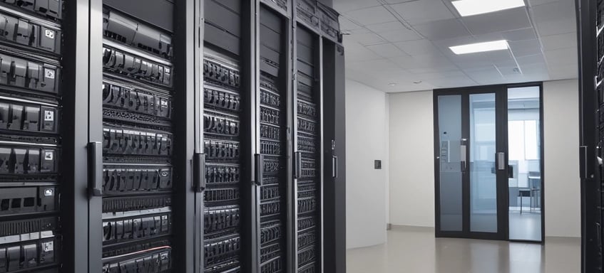 A hand holding a thermal scanner is pointed towards a rack of computer servers. The servers are illuminated with blue LED lights, giving a technological and futuristic feel.