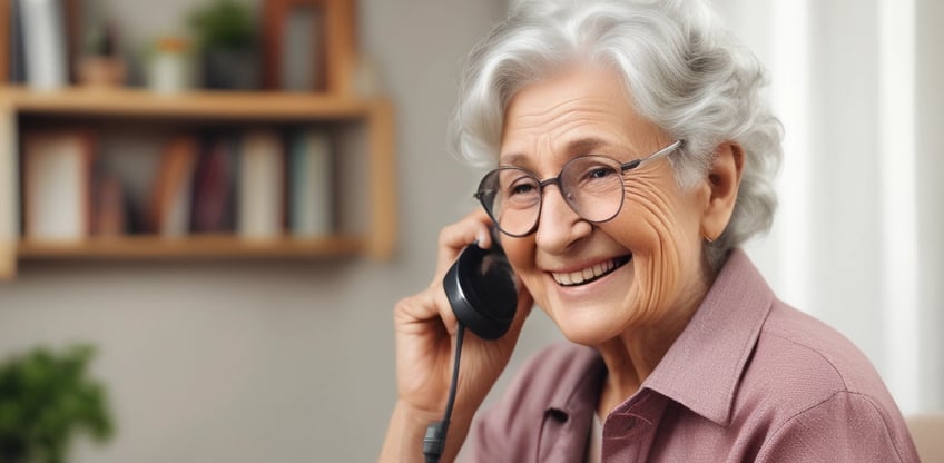 An elderly woman with short gray hair is leaning back on a chair, smiling warmly at a child in the foreground. She has her hands gently placed on the sides of her face, appearing engaged and delighted. The soft lighting and setting create an intimate and cozy atmosphere.