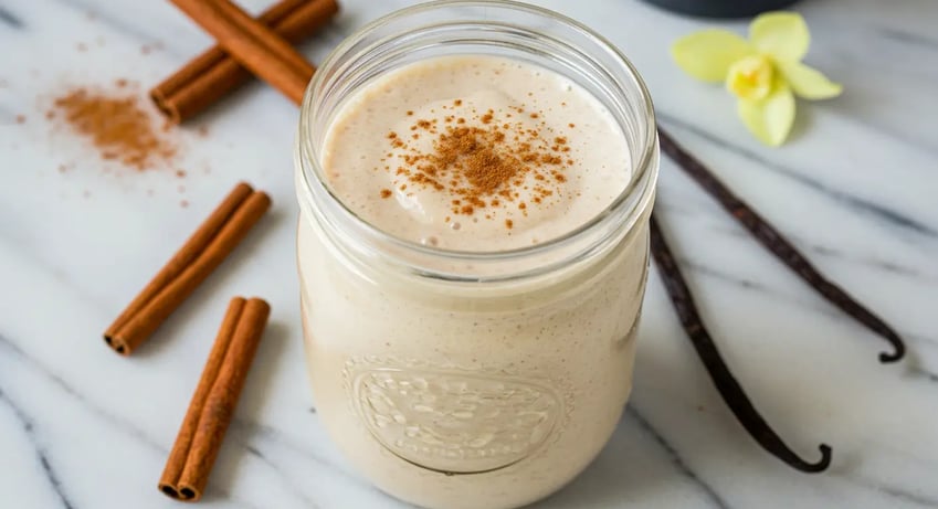 A creamy cinnamon smoothie in a mason jar, surrounded by cinnamon sticks and vanilla pods.