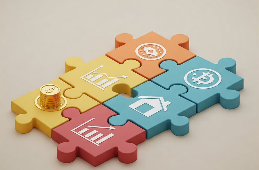 “Varias piezas de un puzzle encajando, cada una con un icono diferente (bono, acción, inmueble, crip