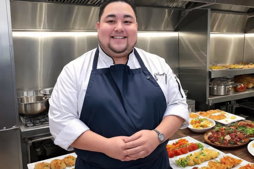 Chef Fabio standing in front of his kitchen.