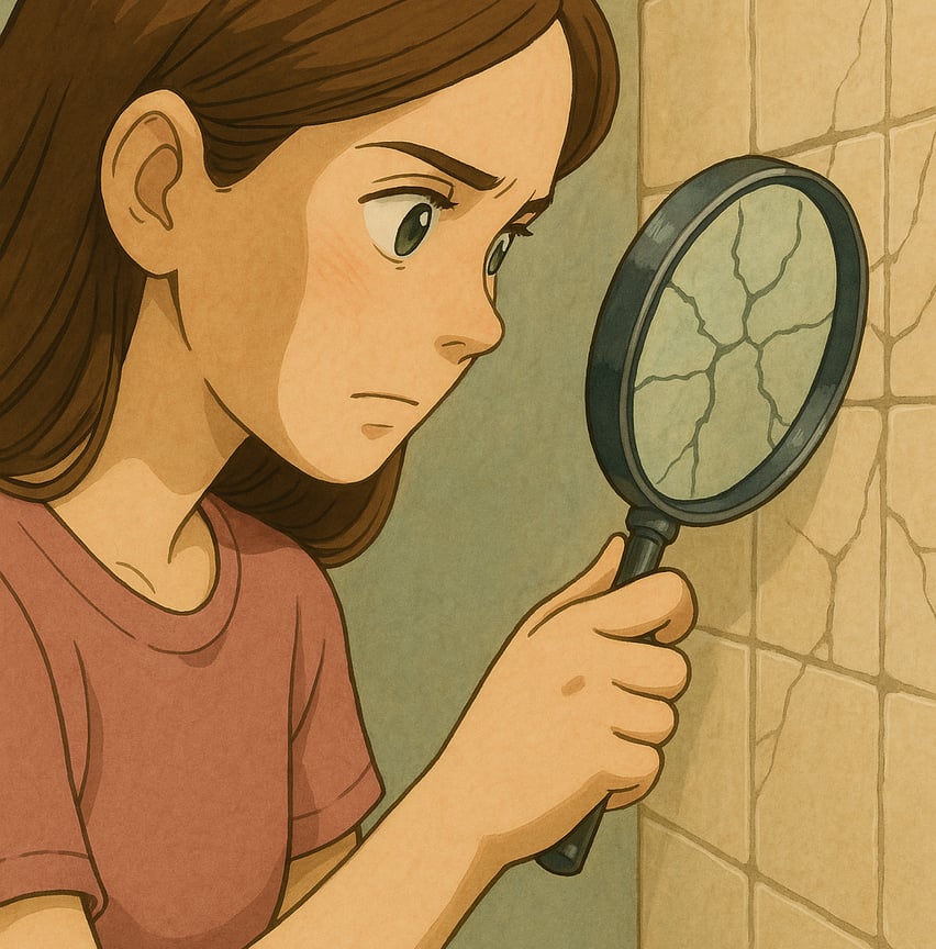 a woman using a magnifier to reveal tiny cracks on a tiled wall.