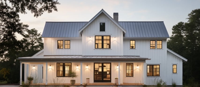 a white house with a metal roof and a metal roof