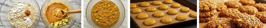 Apple cinnamon oatmeal cookie recipe steps from mixing to baking.