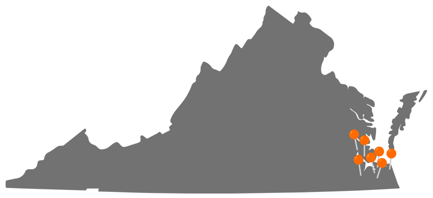map of virginia with pins in hampton roads