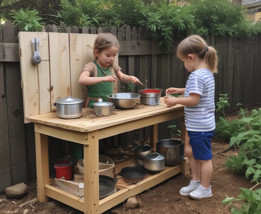 DIY mud kitchen with overhead shade canopy, natural wood counter, and kids playing in a sun-safe environment.