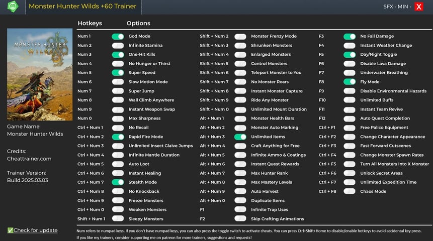 monster hunter wilds trainer 60 cheats