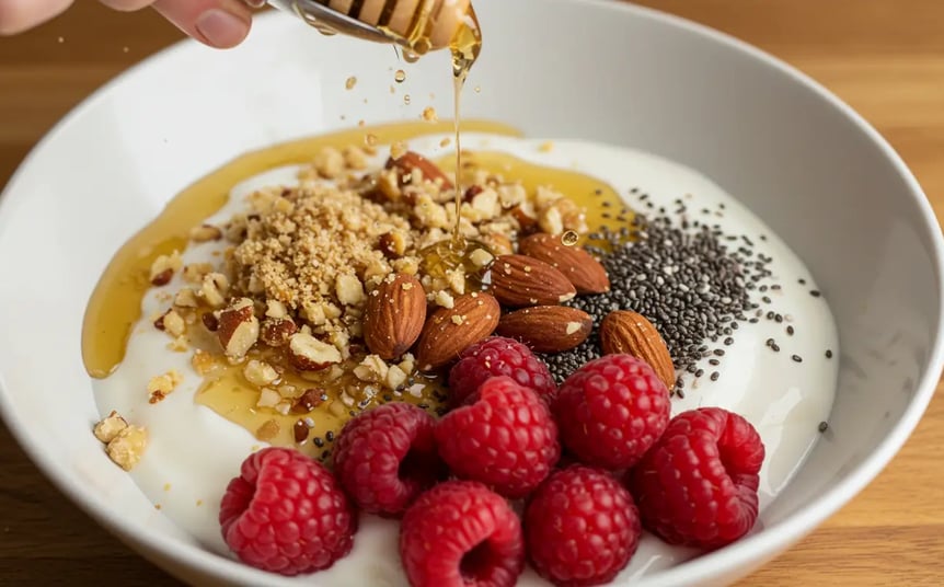 A bowl of Greek yogurt topped with honey, nuts, chia seeds, and fresh raspberries.