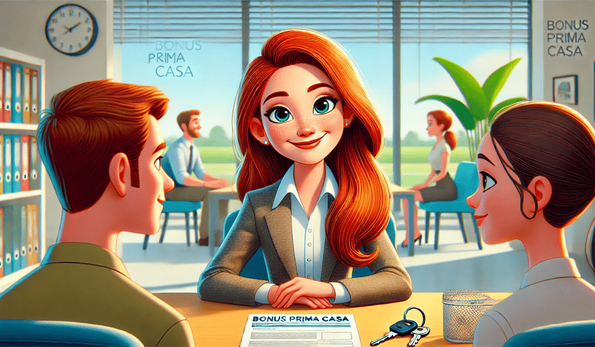 Donna seduta alla scrivania che consegna le chiavi di una casa con il documento 'BONUS PRIMA CASA' in un ufficio cartoon.