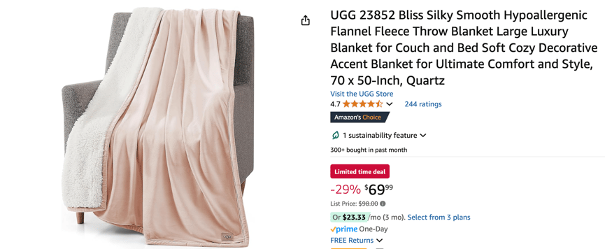 UGG 23852 Bliss Silky Smooth Hypoallergenic Flannel Fleece Throw Blanket Large Luxury Blanket