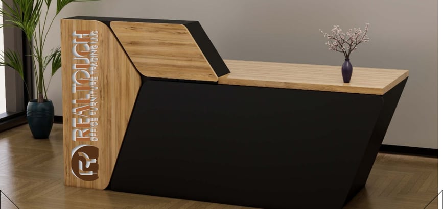 a desk with a wooden desk top and a vase with flowers