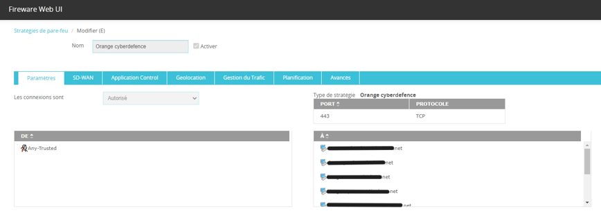 Voici une image de la Règle du Firewall, qui permet au flux de passer vers des URLs spécifiques