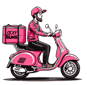a cartoon pink delivery driver on a sexy buns branded scooter
