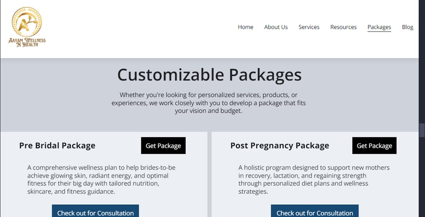 Customizable Packages Page of Wellness Website