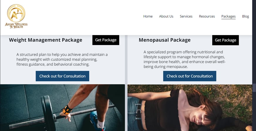 Package Page of Wellness Website