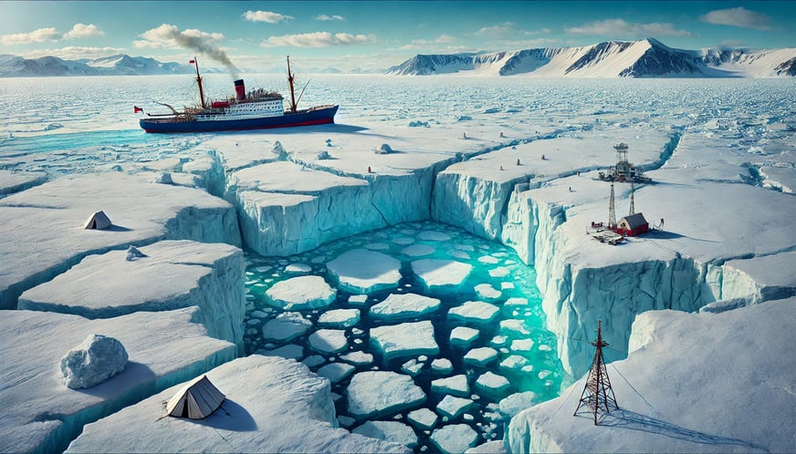 Illustration of the North Pole, showing floating sea ice with cracks exposing the Arctic Ocean, an i