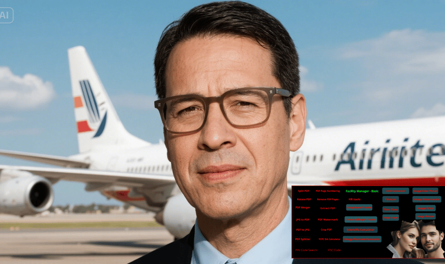 a man in a suit and tie standing in front of a plane