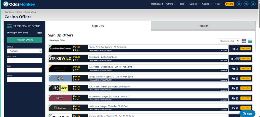 oddsmonkey casino offers page
