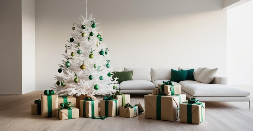un albero di natale bianco con addobbi verdi, intorno pacchi regalo con nastri verdi e dietro divano bianco con cuscini verdi