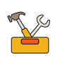 a tool box cartoon style icon with hammer and spanner signs