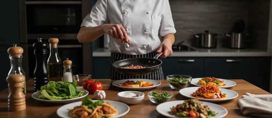 A chef seasoning food in a frying pan with several plated dishes on the counter.