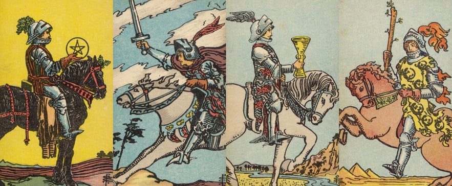 Cavaleiro de Ouros, Cavaleiro de Espadas, Cavaleiro de Copas e Cavaleiro de Paus