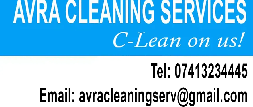a business card with a blue and white business card avra cleaning services