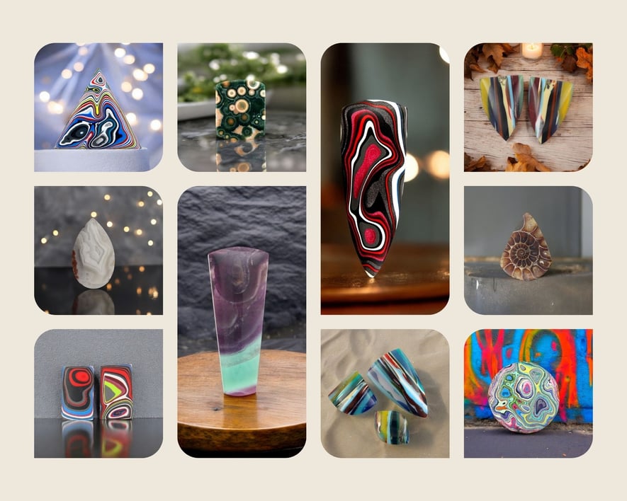a collage of different types of our hand cut cabochons