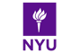 a purple and white logo with a torch in the center and the letters N.Y.U. underneath