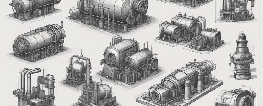 A well-maintained industrial or mechanical room featuring a variety of metal machinery and pipes. There is a large valve wheel and various gauges and switches, suggesting it may be part of a ship's engine room or an industrial plant.