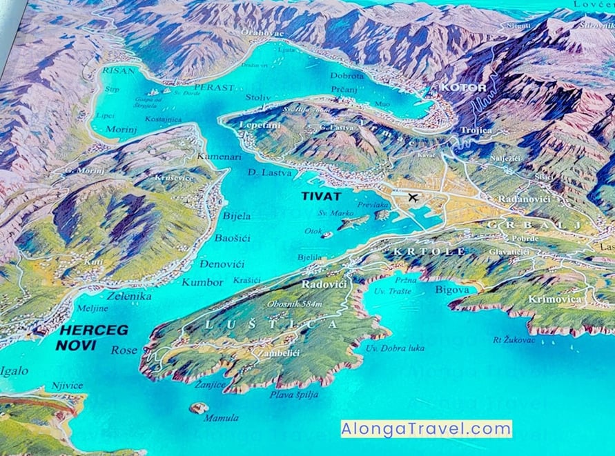 3D map of Bay of Kotor & its smaller bays, towns & villages, including: Kotor, Tivat, Herceg Novi