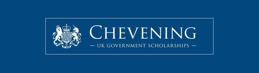 Chevening Scholarships logo with a blue banner, white text, and a white UK coat of arms at the top