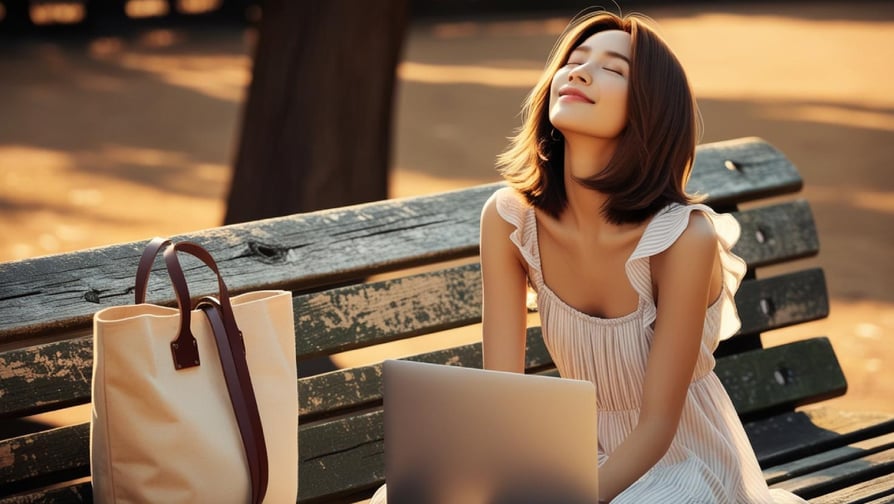 giovane donna seduta sulla panchina al parco, che con gli occhi chiusi rivolti al sole si rigenera e rilassa