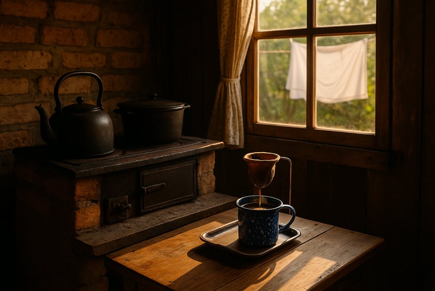 Cozinha rústica do interior com fogão a lenha, chaleira e café coado, ao fundo um lençol no varal