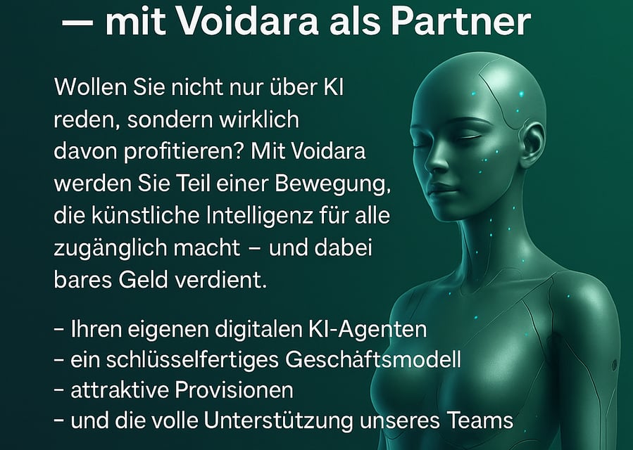 "Voidara KI-Agent Werbegrafik – Jetzt Partner werden und mit künstlicher Intelligenz Geld verdienen"