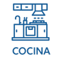 Ícono azul que representa cocina integral equipada en departamento, elemento gráfico