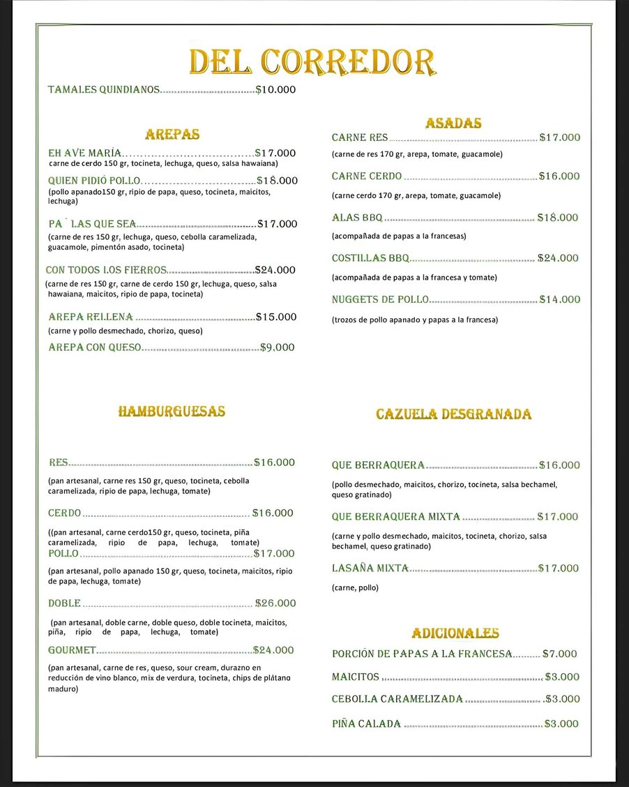 Menú Restaurante del Corredor La Tebaida Quindío