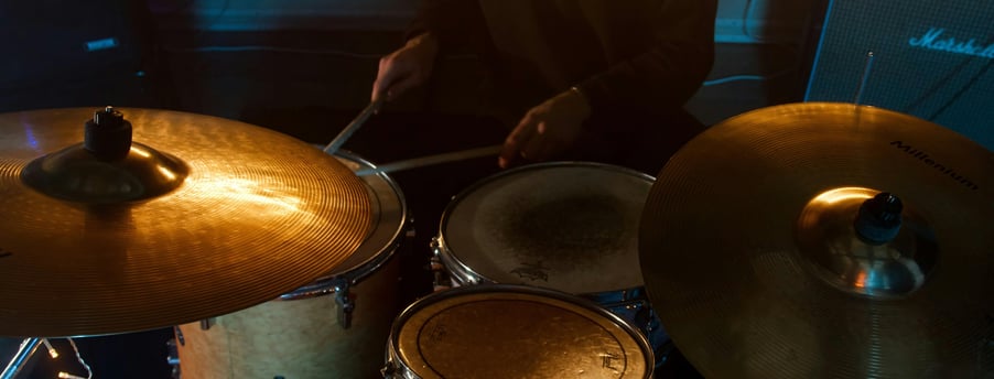 jazz drumset closeup with drummer