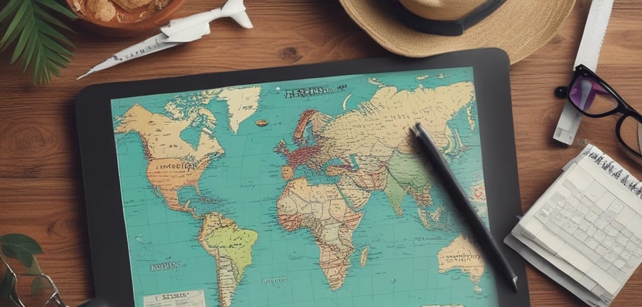 A collection of travel-related items arranged on a white surface, including an open journal with travel notes and a black-and-white photo of a woman with Tower Bridge in the background. There is a vintage-style camera on the left and a tin pencil case labeled 'London' with British-themed images. Several washi tapes in a variety of colors and patterns are scattered, some inside a jar and others outside.