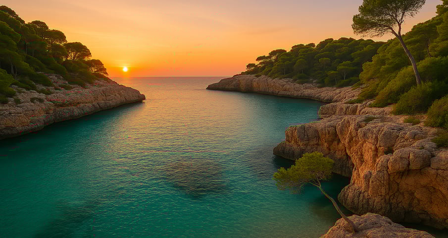 Atardecer en Caló des Moro, Mallorca, con aguas turquesas rodeadas de acantilados – Maiorca Unlocked.