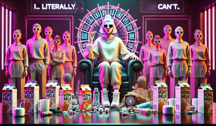 A dystopian, hyper-stylized digital painting of a power-hungry vocal fry queen sitting on a throne m