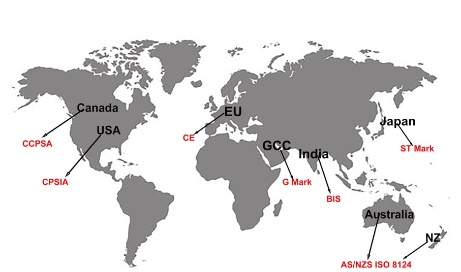 Toy Certification regulations by countries including USA, India, EU, AU/NZ, UAE, Japan, Canada
